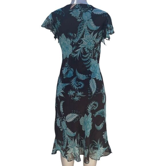 MSK Midi Dress Women's Sz 10 Brown Teal Floral Twist Front Ruffle Flutter Sleeve - Picture 6 of 16